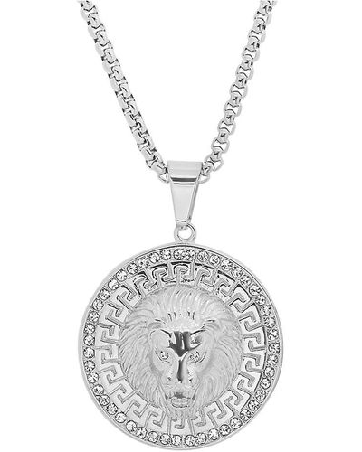 Anthony Jacobs Stainless Steel & Simulated Diamond Round Lion Head Pendant Necklace - White