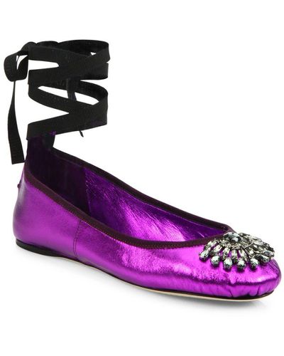 Jimmy Choo Grace Crystal-embellished Metallic Leather Ankle-wrap Ballet Flats - Purple