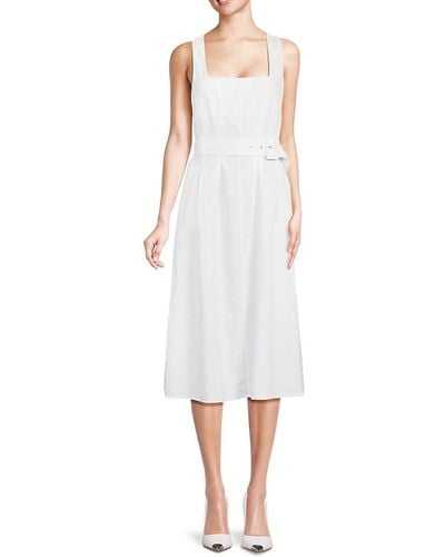 Saks Fifth Avenue Squareneck Belted 100% Linen Midi Dress - White