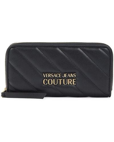Versace Logo Leather Zip Around Wallet - Black