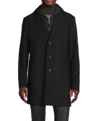 Saks Fifth Avenue Wool Blend Top Coat With Removable Hooded Bib - Black