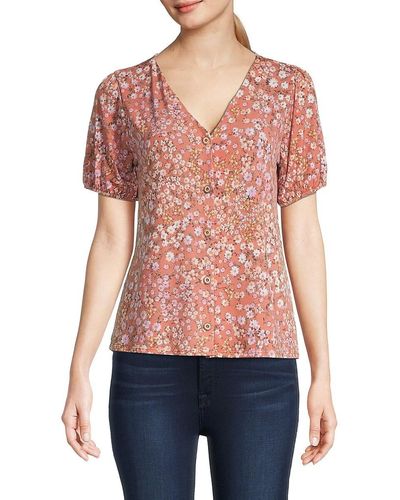 West Kei Floral Short Sleeve Button Top - Red