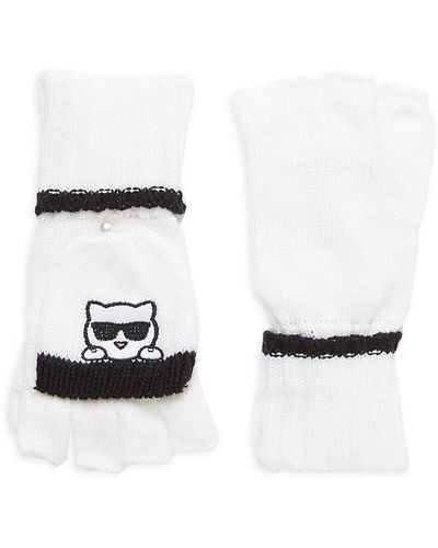 Karl Lagerfeld Embroidered Flip-Top Knit Gloves - White