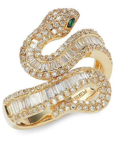 Effy 14k Yellow Gold, Diamond & Emerald Snake Ring/size 7 - Metallic