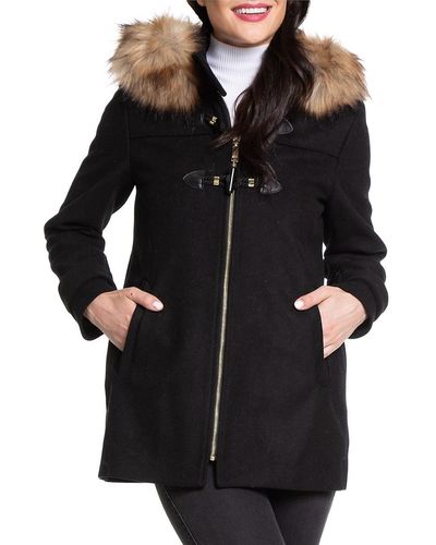 Nine West Faux Fur Trim Hood Wool Blend Jacket - Black