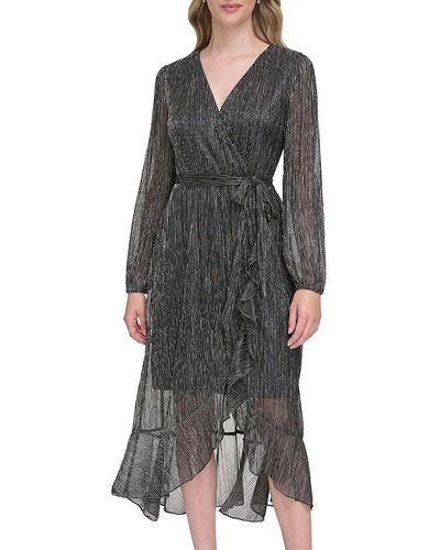 Kensie Metallic Crinkle Belted Midi Dress - Gray