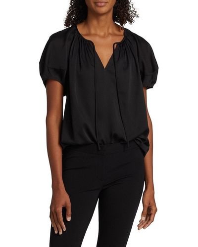 Lafayette 148 New York Pleated Puff Sleeve Blouse - Black