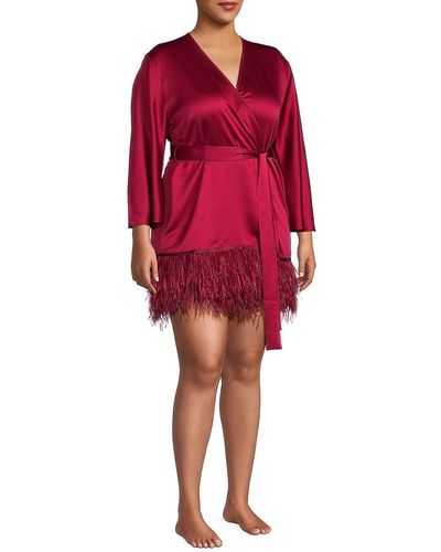 Rya Collection Plus Fringed Hem Belted Satin Robe - Red