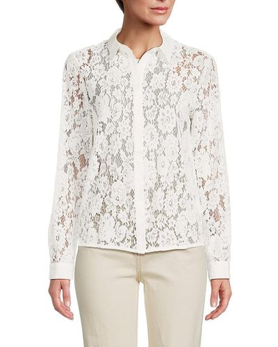 Saks Fifth Avenue Sheer Lace Button Down Shirt - White