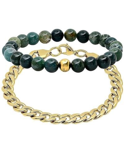 Anthony Jacobs 2-piece 18k Goldplated Stainless Steel, Green Agate Beaded Cuban Bracelet Set