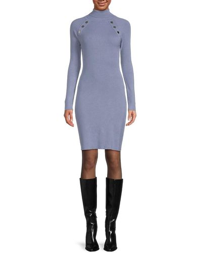 Ellen Tracy Ribbed Turtleneck Sweater Dress - Blue
