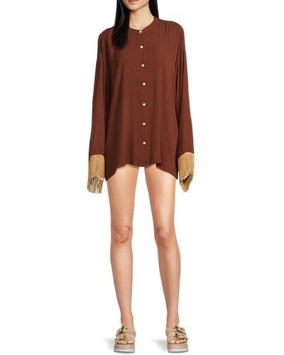 WeWoreWhat Fringed Cover Up Shirt - Brown