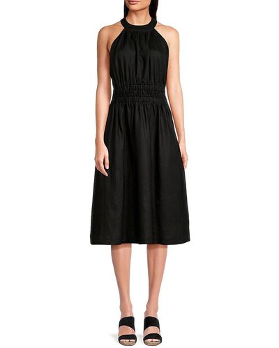 Saks Fifth Avenue Jewelneck 100% Linen Midi Dress - Black
