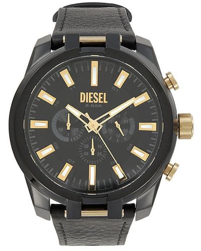 DIESEL Split 51mm Blacktone Stainless Steel & Leather Watch - Grey