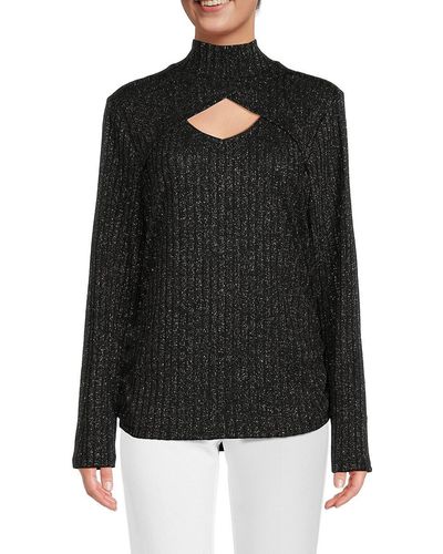 DKNY Keyhole Metallic Mockneck Sweater - Black