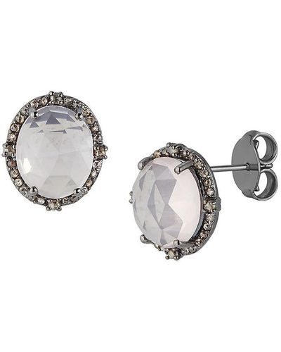 Banji Jewelry Rhodium Plated Sterling Silver, Rose Quartz & Diamond Stud Earrings - Metallic