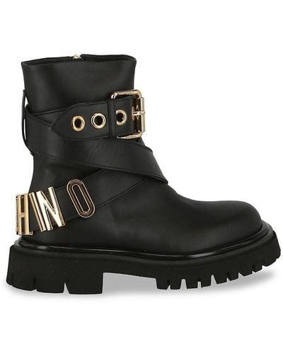 Moschino Belted Leather Combat Boots - Black