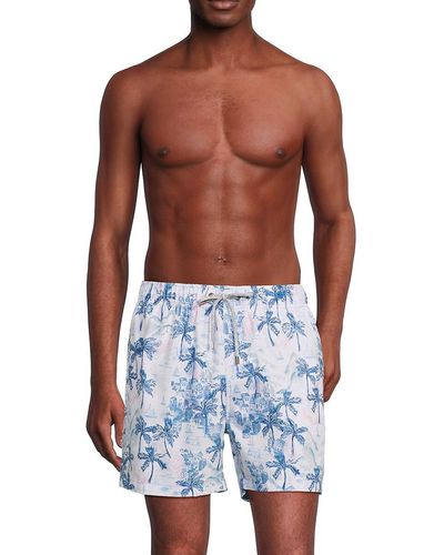 Vintage Summer Scenic Print Drawstring Swim Shorts - Blue