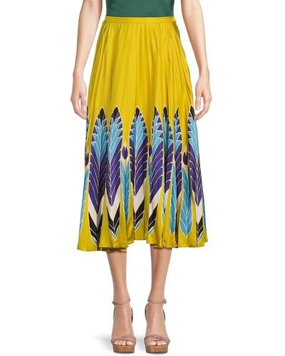 Valentino Print Pleated Silk Midi Skirt - Yellow