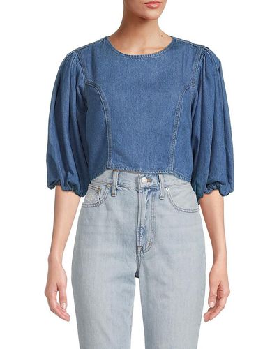 7 For All Mankind Denim Puff Sleeve Corset Top - Blue