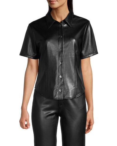 Tahari Faux Leather Button Down Shirt - Black