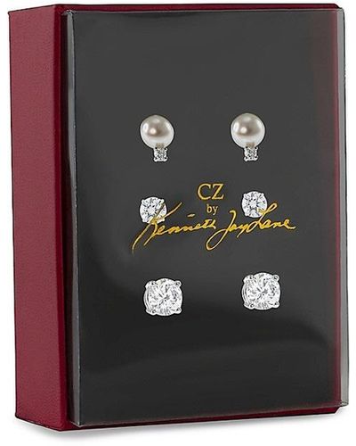 CZ by Kenneth Jay Lane Look Of Real Set Of 3 Rhodium Plated, Freshwater Pearl & Cubic Zirconia Stud Earrings Set - Black
