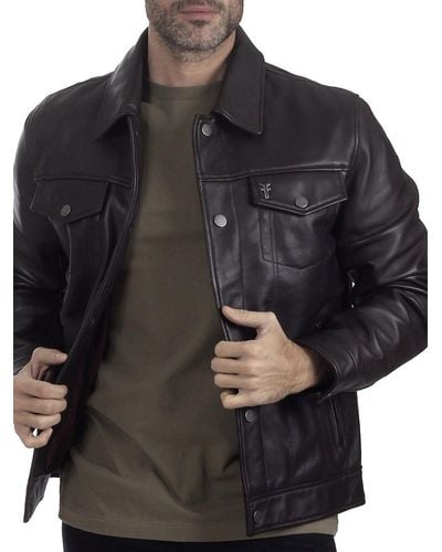 Frye Russell Regular Fit Leather Trucker Jacket - Black