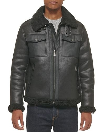 Tommy Hilfiger Faux Shearling & Faux Leather Aviator Jacket - Grey