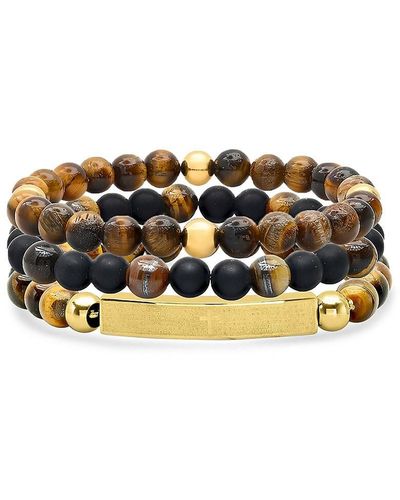 Anthony Jacobs 3-Piece 18K Goldplated Stainless Steel, Tiger Eye & Lava Beaded Bracelet Set - Black