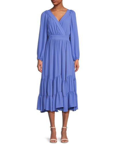 Tahari Surplice Neckline Tiered Midi Dress - Blue
