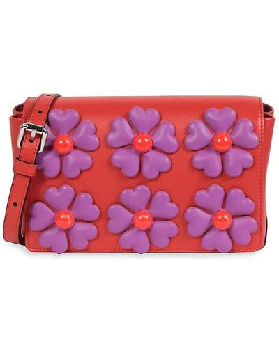 Moschino Floral Appliqué Leather Crossbody Bag - Red