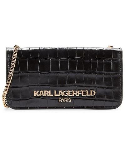 Karl Lagerfeld Lafayette Croc Embossed Leather Shoulder Bag - Black