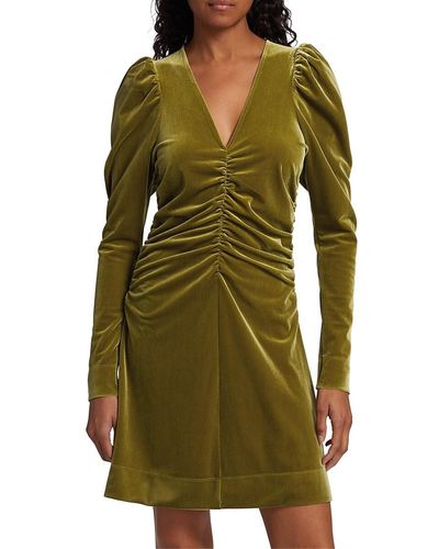 Ganni Ruched Puff Sleeve Velvet Mini Dress - Green
