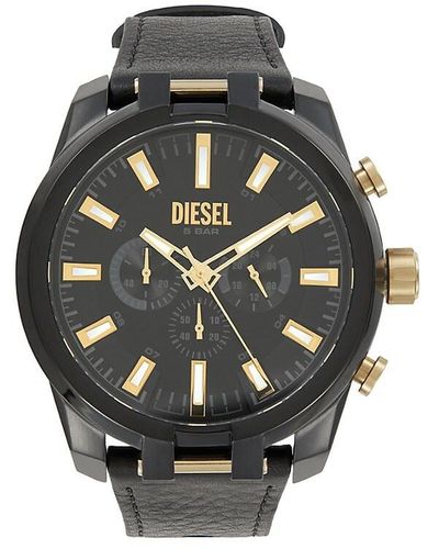 DIESEL Split 51mm Blacktone Stainless Steel & Leather Watch - Gray