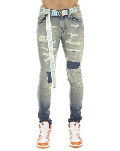 Cult Of Individuality Punk Belted Super Skinny Jeans - Blue