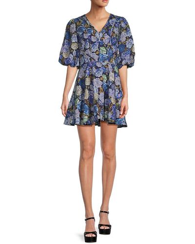 Rachel Parcell Floral Linen Blend Mini Dress - Blue
