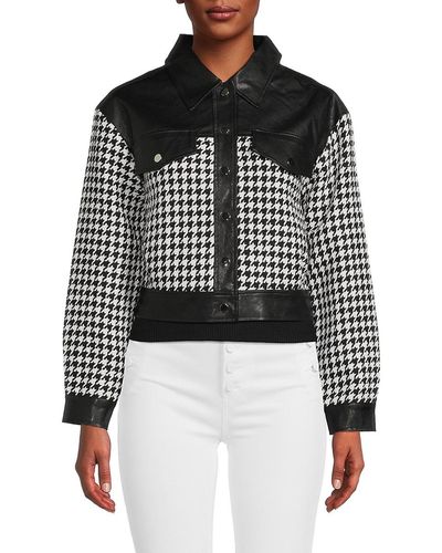 Wdny Houndstooth Faux Leather Cropped Jacket - Black