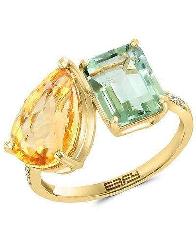 Effy 14k Yellow Gold, Diamond, Green Amethyst & Citrine Toi Et Moi Ring - Metallic