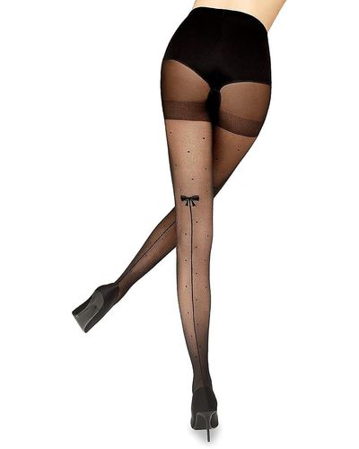 LECHERY European Made Sheer Backseam Bow Dotted Tights - Black