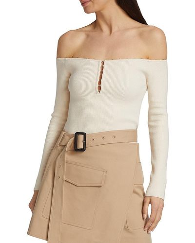 Helmut Lang Eyelet Off The Shoulder Rib Knit Jumper - Natural