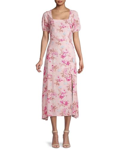 7021 Floral Print Puff Sleeve Midi Dress - Pink