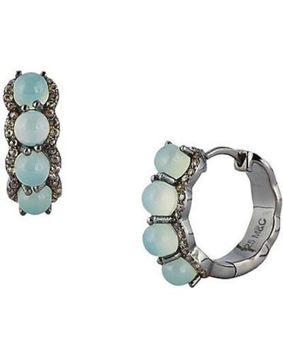 Banji Jewelry Rhodium Plated Sterling, Diamond & Aquamarine Chalcedony Huggie Earrings - White
