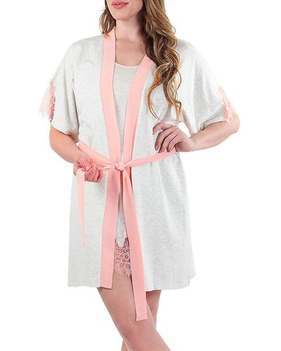 Memoi Women's Lace-trim Robe - Light Gray - Size M - Pink