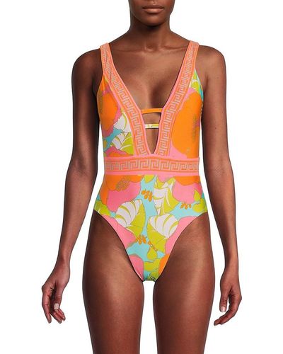 Trina Turk Playa De Floral Plunging Cutout One Piece Swimsuit - Red