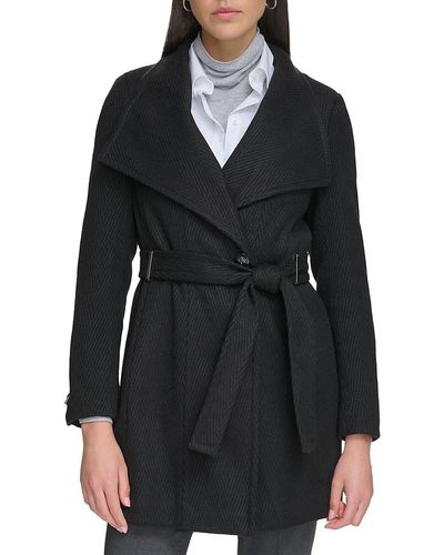 Calvin Klein Wing Collar Wool Blend Wrap Coat - Black