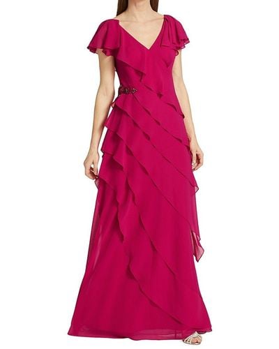 Teri Jon Diagonally-layered Georgette Gown - Pink