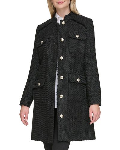 Karl Lagerfeld Textured Belted Wool Blend Tweed Coat - Black