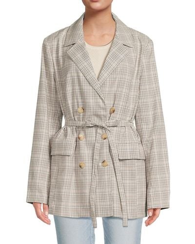 Free People Olivia Plaid Double Breasted Belted Blazer - Grey