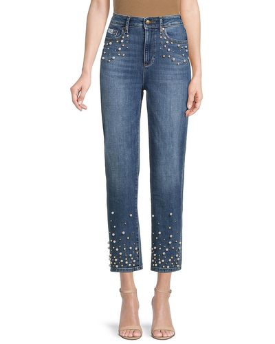 Karl Lagerfeld Faux Pearl Embellished Cropped Jeans - Blue
