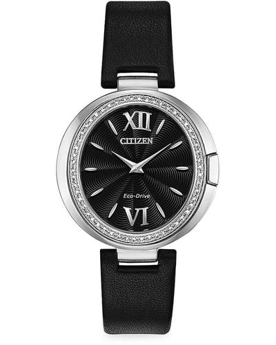 Citizen Eco-drive 34mm Stainless Steel, Diamond & Leather Strap Watch - Black